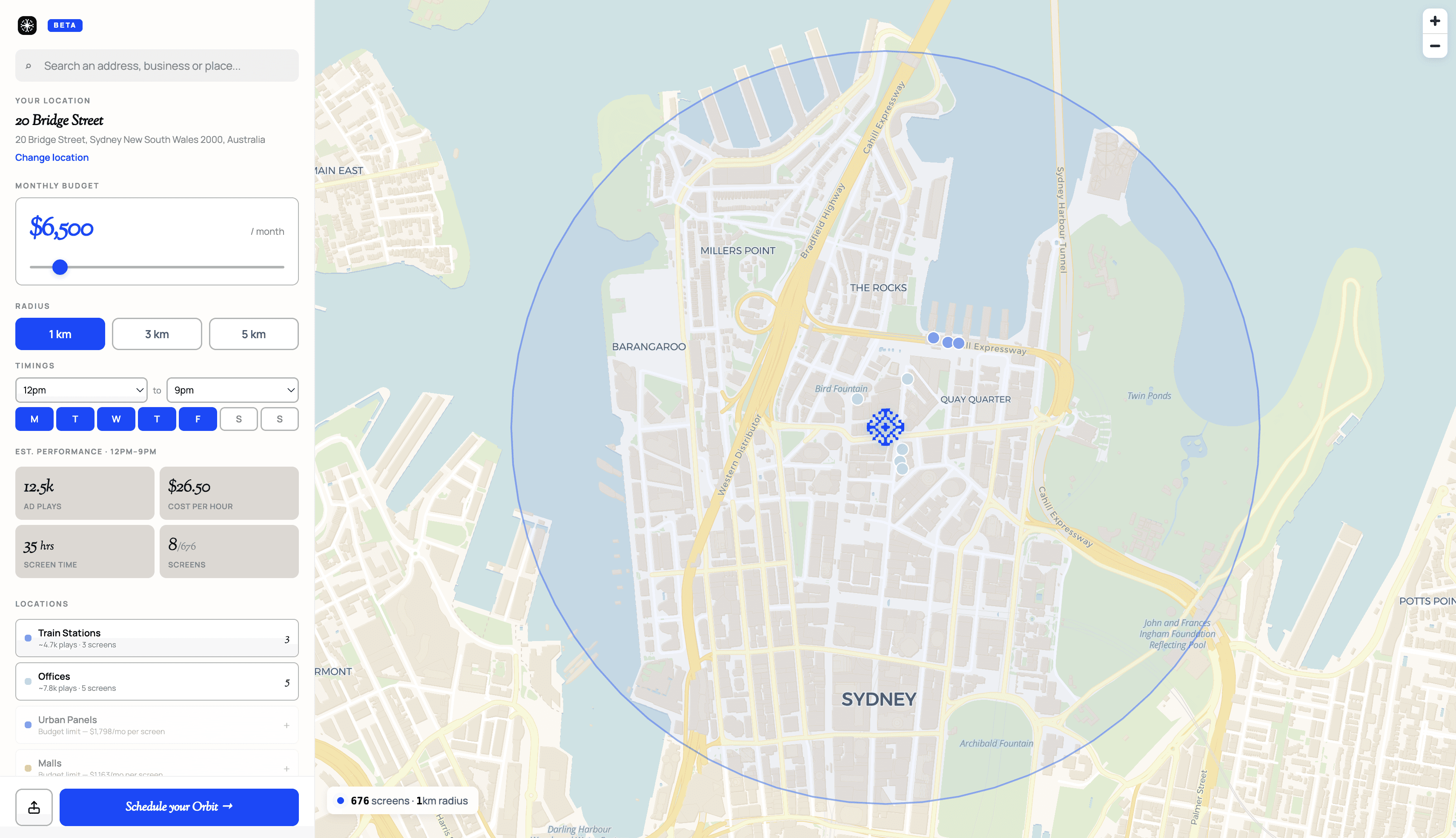 Orbit program interface showing controls and a map of Sydney
